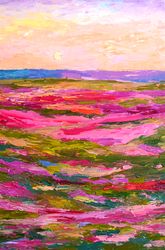 pink landscape oil painting on canvas 30x20cm nature painting impasto 12'x8' sky painting blooming meadow painting