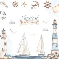 nautical clipart watercolor. lighthouse, sailboat, yacht, anchor, lifebuoy, seagulls. digital watercolor, png