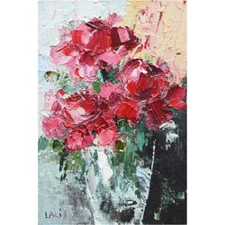 peony painting original oil painting on canvas 15x10cm pink flower original wall art blush pink peony small painting