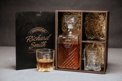 personalized vintage decanter set with whiskey stones. engraved wooden gift box. housewarming gift. boyfriend gift