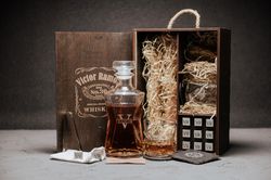 personalized decanter set with whiskey stones. engraved wooden gift box. wedding gift. gifts for couple. gift for him