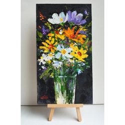 garden flowers painting original oil painting 23x13cm purple floral small painting 9'x5' daisy painting impasto
