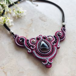 burgundy necklace with agate stone, soutache embroidered statement necklace, boho ethnic necklace