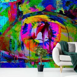 girl eye graffiti mural self-adhesive wallpaper, colorful grafffi wallpaper for office or bedroom removable mural,