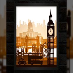 london lightbox template, shadow box template, paper cutting template, light box svg files, 3d papercut lightbox svg, fi