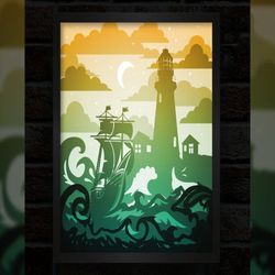 lighthouse lightbox template, shadow box template, paper cutting template, light box svg files, 3d papercut lightbox svg