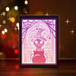 cat halloween light box sublimation, shadow box template, paper cutting template, light box svg files, 3d papercut light