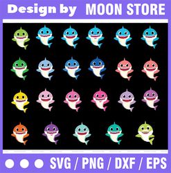 23 baby sharks bundle character with many colors svg,png,shark's friends svg, pink fong svg, family shark svg, dxf, eps