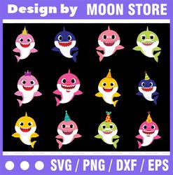 12 family sharks bundle birthday character with pink fong svg,png,shark's friends svg, pink fong svg, family shark svg,