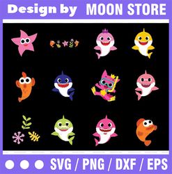 6 family sharks character with pink pong and friends svg,png,shark's friends svg, pink fong svg, family shark svg, dxf,