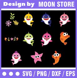6 family sharks character with friends svg,png,shark's friends svg, pink fong svg,shark bundle svg, family shark svg, dx