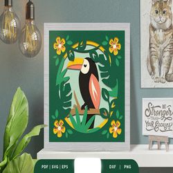 toucan in tropical jungle 3d shadow box, shadow box template, paper cutting template, light box svg files, 3d papercut l