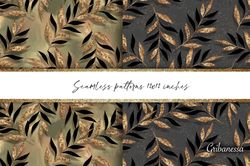 seamless patterns with gold and black leaves