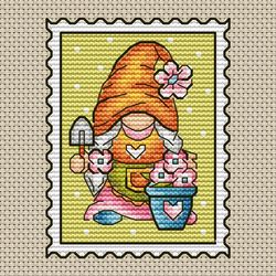 gnome postage stamp cross stitch pattern pdf, gnome cross stitch, spring gnome, garden gnome, spring cross stitch