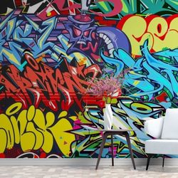 graffiti wallpaper mural self-adhesive, colorful graffiti wall murals for kids bedroom decor, removable wallpaper