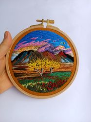 landscape hoop art embroidery scenery wall hanging thread painting circle decor gift for her/him