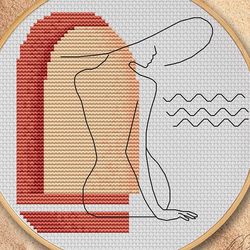 female line cross stitch pattern, beach cross stitch chart, contemporary embroidery, sea waves cross stitch, digital pdf