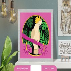 tropical cockatoo 3d shadow box, shadow box template, paper cutting template, light box svg files, 3d papercut lightbox