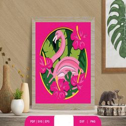 tropical flamingo 3d shadow box, shadow box template, paper cutting template, light box svg files, 3d papercut lightbox