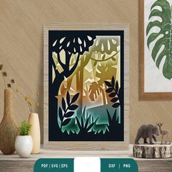 tropical forest landscape 3d shadow box, shadow box template, paper cutting template, light box svg files, 3d papercut l