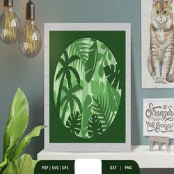 tropical plants 3d paper cut light box, shadow box template, paper cutting template, light box svg files, 3d papercut li