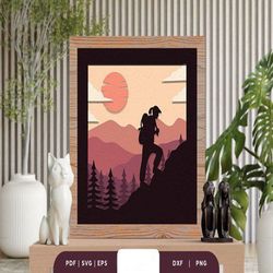 woman hiking 3d shadow box svg, shadow box template, paper cutting template, light box svg files, 3d papercut lightbox s