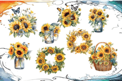 watercolor sunflowers clipart - fall sunflower floral bouquets in png format instant download for commercial use