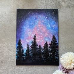night forest acrylic painting, pine art, galaxy original art, nebula painting, landscape art, home decor on canvas board