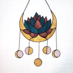 moon phases dreamcatcher, stained glass suncatcher succulent lotus, elegant crescent moon panel, celestial decor