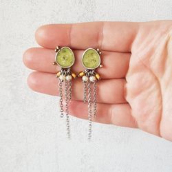 long green earrings with chains and glass beads, metal and enamel jewelry