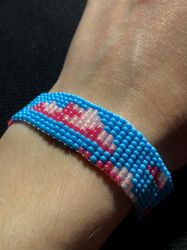 beaded loom handmade bracelet blue sky summer vibes seed bead pink clouds boho bracelet cloud woven weaving native