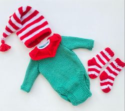 hand knit elf clothing set for baby girl, or boy: green,  red and white romper, hat, socks. first picture gown.