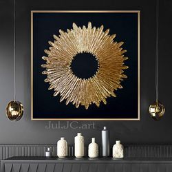 gold and black abstract painting gold sun original art textured artwork | living room decor above couch wall art