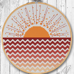 boho sun cross stitch, modern cross stitch pattern pdf, sunrise abstract cross stitch, boho waves cross stitch chart