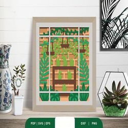 green house plant 3d shadow box svg, shadow box template, paper cutting template, light box svg files, 3d papercut light