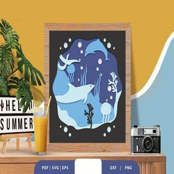 underwater life shadow box svg, shadow box template, paper cutting template, light box svg files, 3d papercut lightbox s