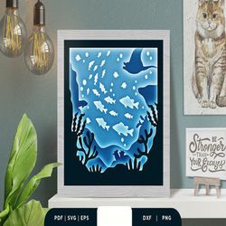 underwater life 3d shadow box svg, shadow box template, paper cutting template, light box svg files, 3d papercut lightbo