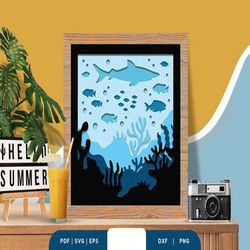 underwater life 3d shadow box papercut, shadow box template, paper cutting template, light box svg files, 3d papercut li