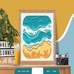 tropical beach 3d shadow box svg, shadow box template, paper cutting template, light box svg files, 3d papercut lightbox