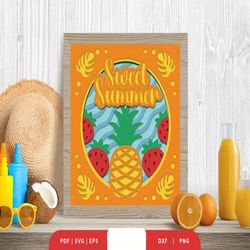 sweet summer pineapple 3d shadow box, shadow box template, paper cutting template, light box svg files, 3d papercut ligh