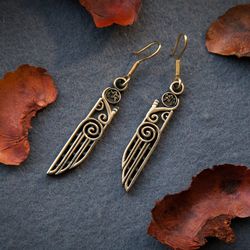 long raven earrings. heavy bird jewelry in viking style. crow and protective runes accessory. pagan norse jewelry.