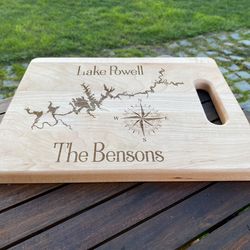 personalized lake cutting board with family name