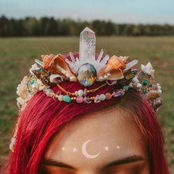 breathe mermaid crown - bohemian festival tiara with shells and clear quartz crystals, hippie headband