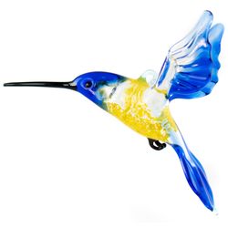 blown glass hummingbird figurine - flying blue yellow bird sculpture - glass art ornament - gift idea for home decor