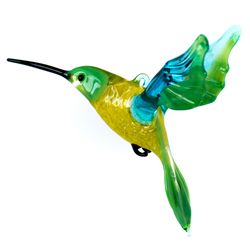 blown glass hummingbird figurine - flying green yellow bird sculpture - glass art ornament - gift idea for home decor