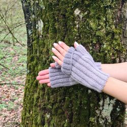 handmade gray stretchy fingerless gloves - dog walking mittens - texting driving gloves - gift under 30