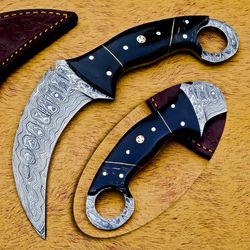 custom damascus steel hunting/bowie/dagger knife handle buffalo horn with sheath