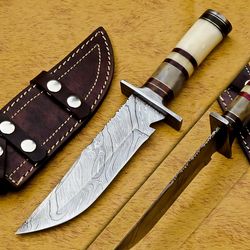 CUSTOM DAMASCUS STEEL HUNTING/BOWIE/DAGGER KNIFE HANDLE CAMEL BONE WITH SHEATH