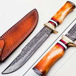 custom handmade damascus steel hunting/bowie/dagger knife handle colored bone