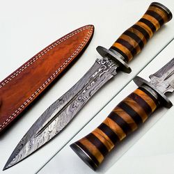 handmade damascus steel hunting/bowie/dagger knife handle wood bone with sheath